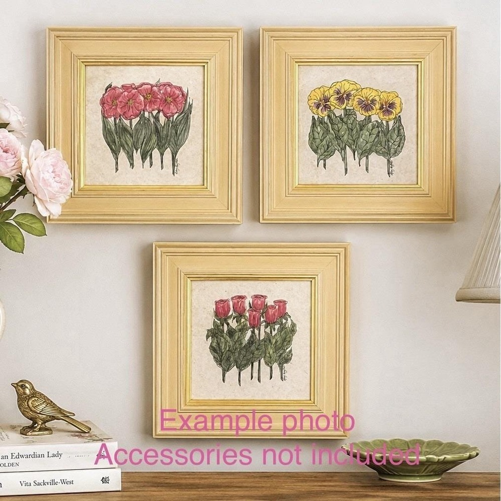 Lot Of 3 Vintage Mary Hughes Framed Floral Cottage Art Work 6" & Frame 10"